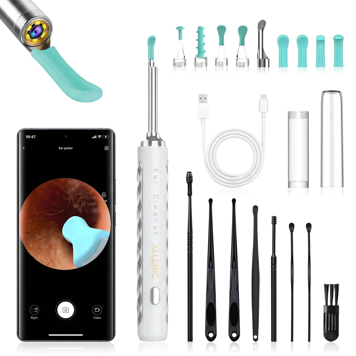 White ear-cleaning otoscope with six LED lights and multiple silicone tips