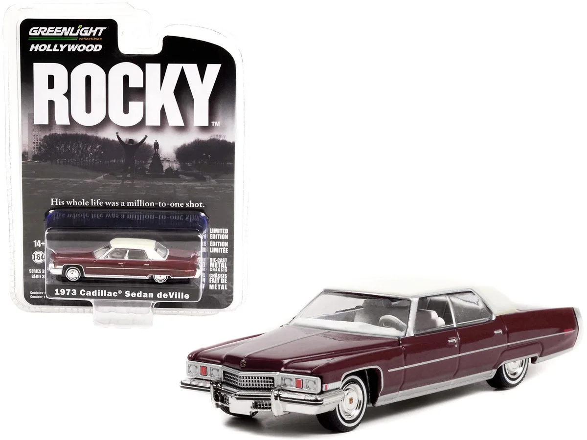 GREENLIGHT GREENLIGHT 1973 Cadillac Sedan DeVille Burgundy White Top Rocky Hollywood Series 1/64 Diecast 3.5in — product photo