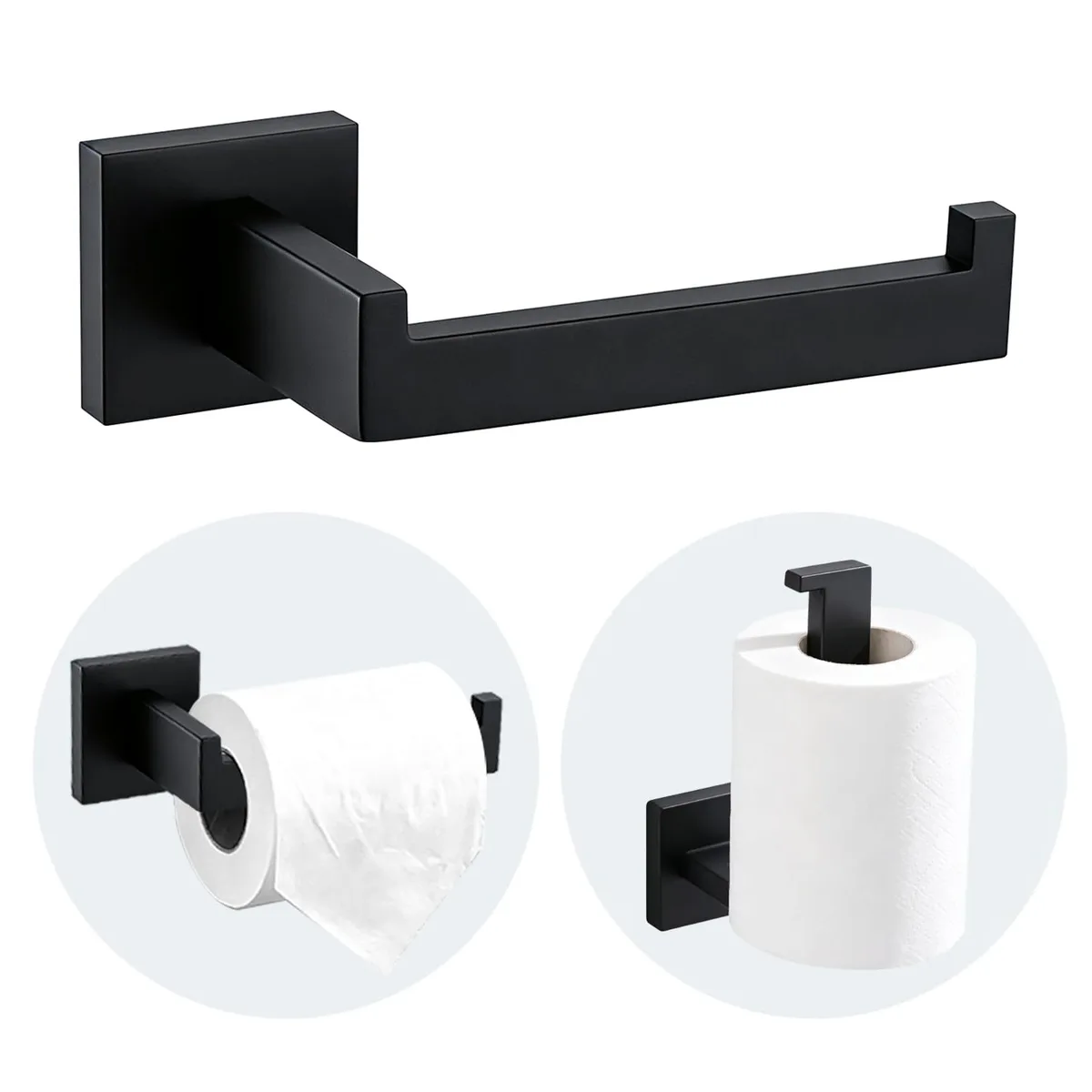 Matte black stainless steel toilet paper holder, square wall-mounted design