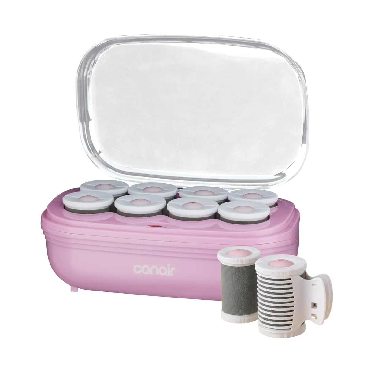 Pink ceramic hot rollers in a compact storage case, eight 2-inch rollers with clips visible