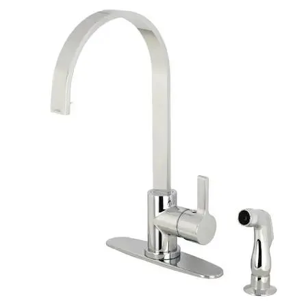 Chrome single-handle kitchen faucet with curved spout and matching side sprayer