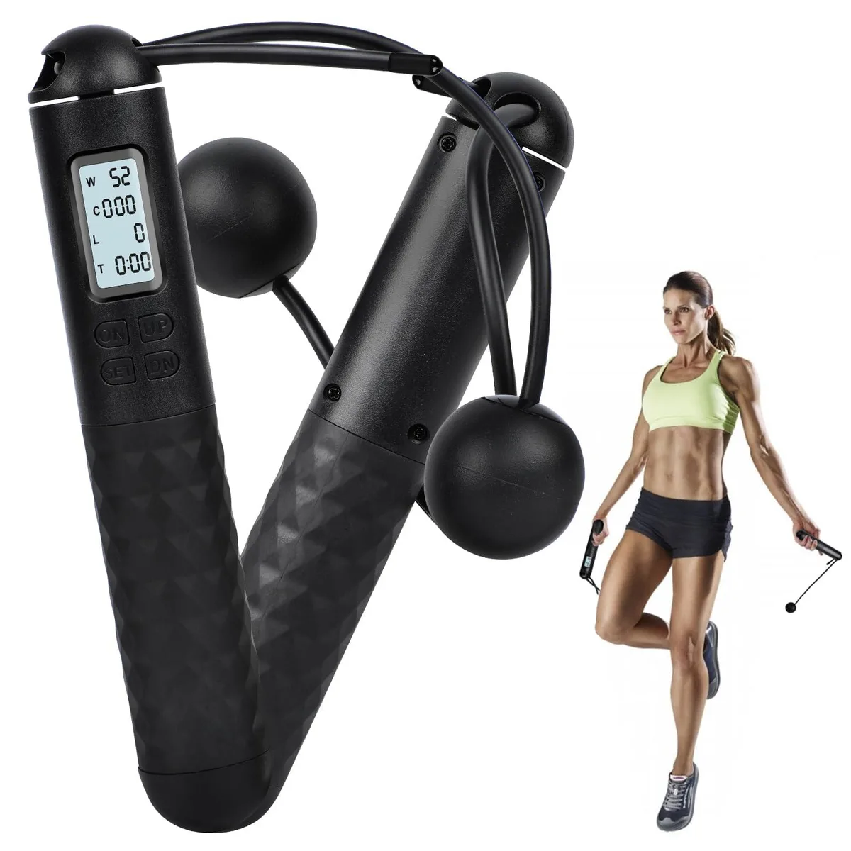 Cando Firm cordless jump rope with LCD counter on black handles, short weighted cords attached