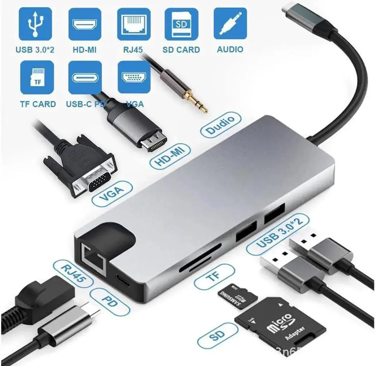 SMUGDESK SMUGDESK 9-in-1 USB C Hub with HDMI 4K@30Hz, VGA, Gigabit Ethernet, 2×USB3.0, SD/TF, 3.5mm Audio & PD 100W — product photo