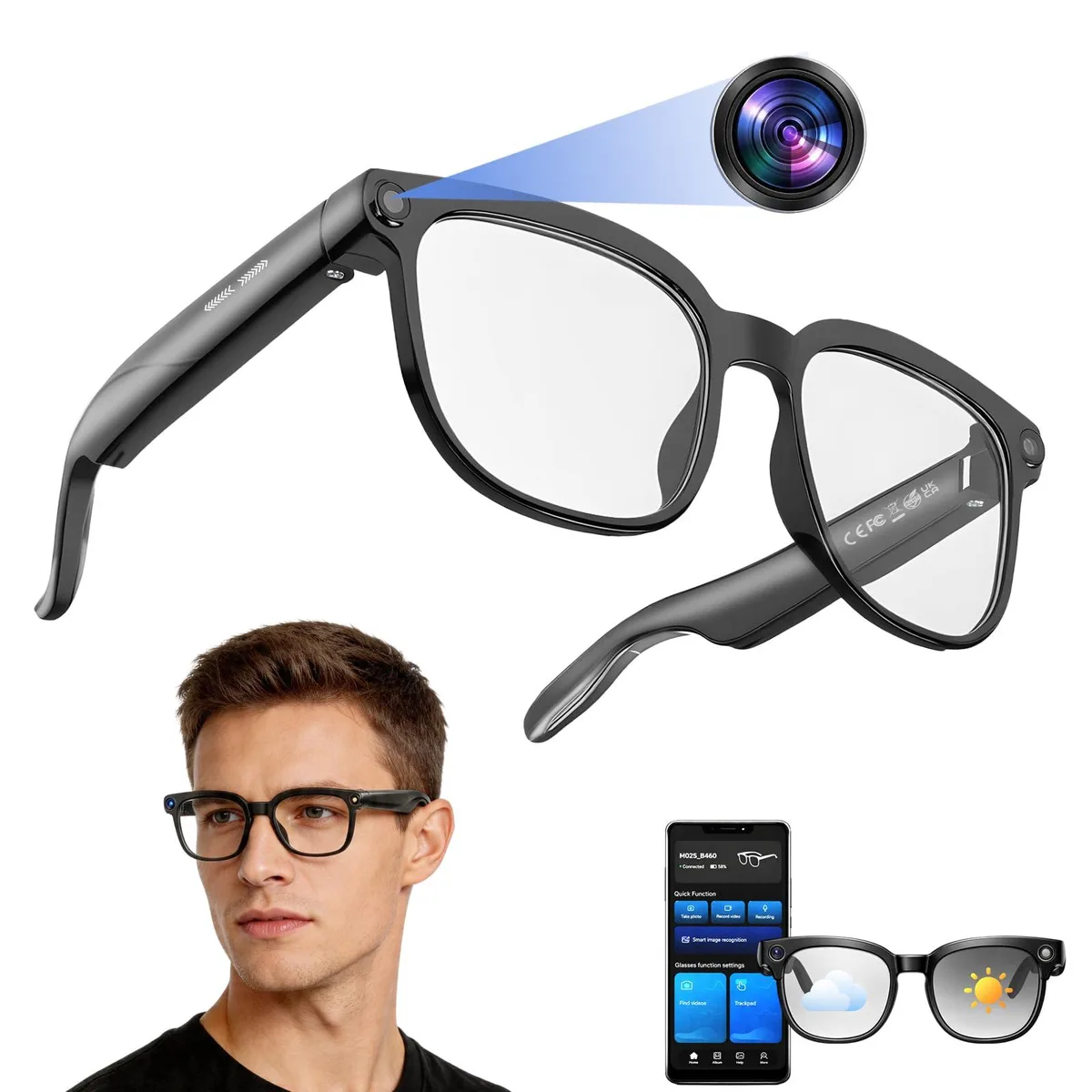 Black smart glasses with dual cameras on the front, open-ear audio arms, regular size