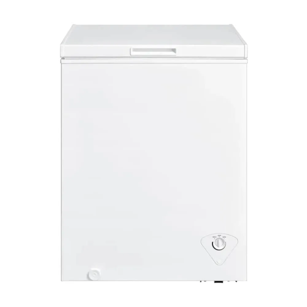 White chest freezer with recessed handle and storage basket