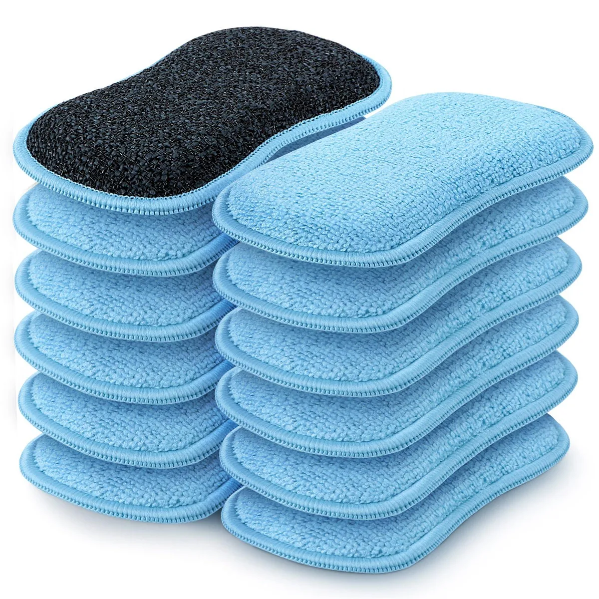 Twelve blue figure-eight microfibre scrub sponges in a pack