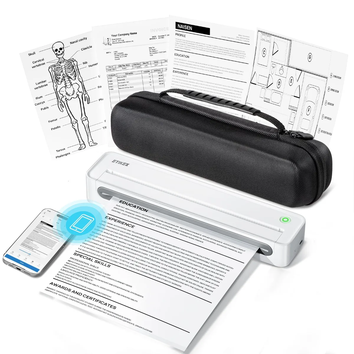 White rectangular portable thermal printer with built-in paper bin and carry case