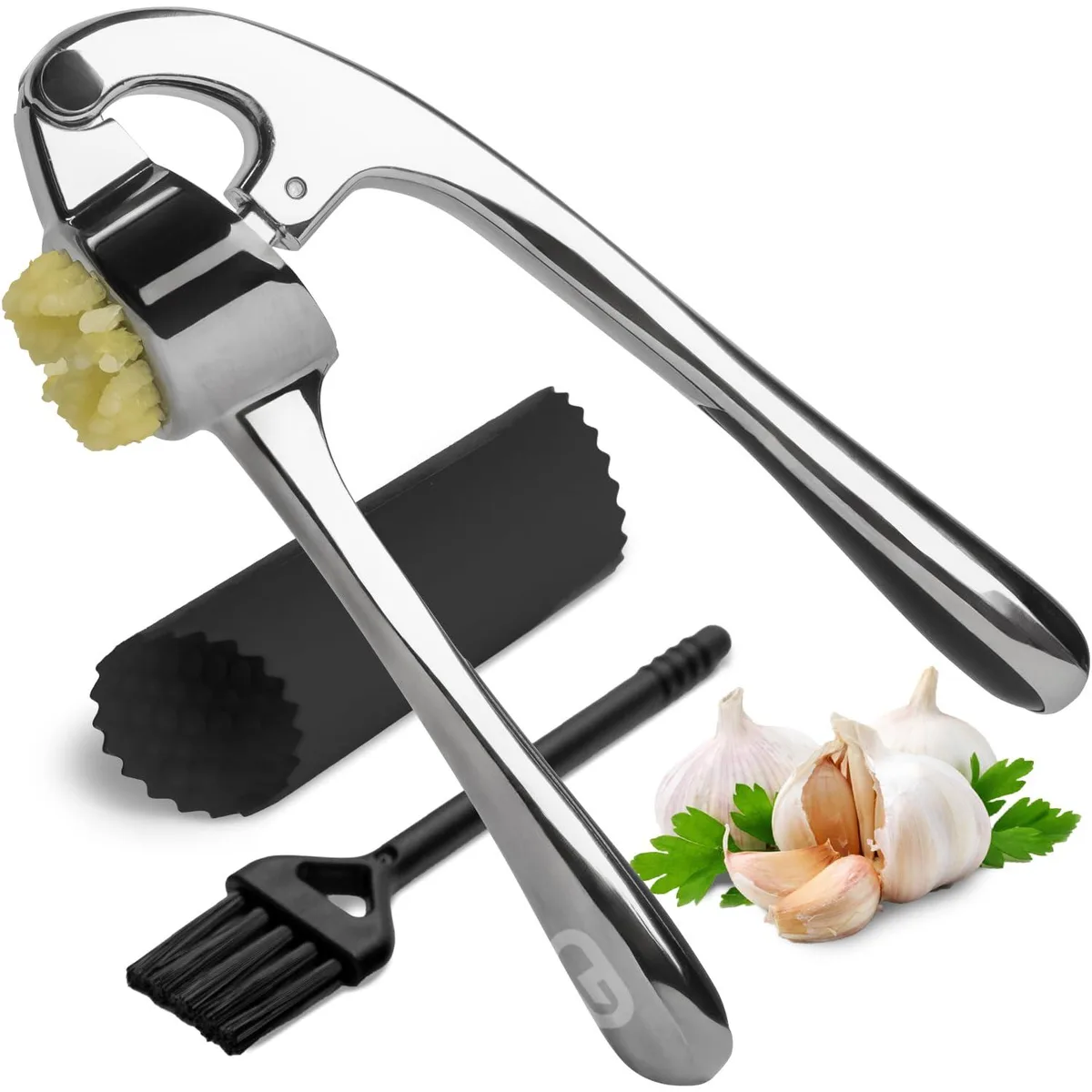 Silver zinc alloy garlic press with ergonomic handles, includes peeler and brush