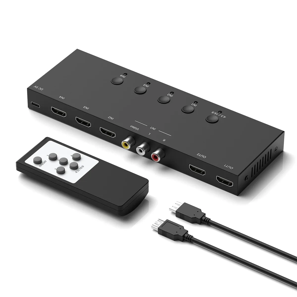 Small black aluminium box with three HDMI ports one RCA input and two HDMI outputs