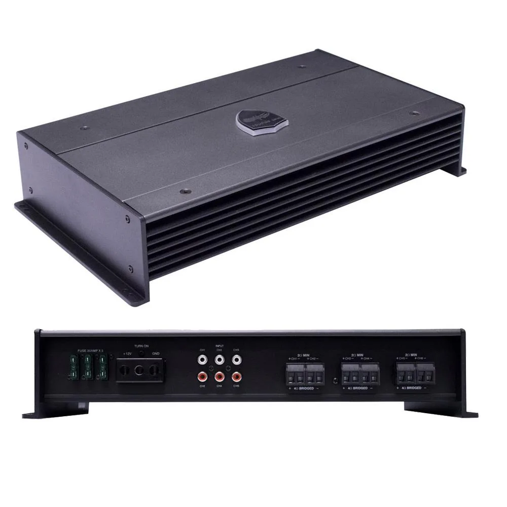Compact black marine amplifier with six channels and Class D circuitry