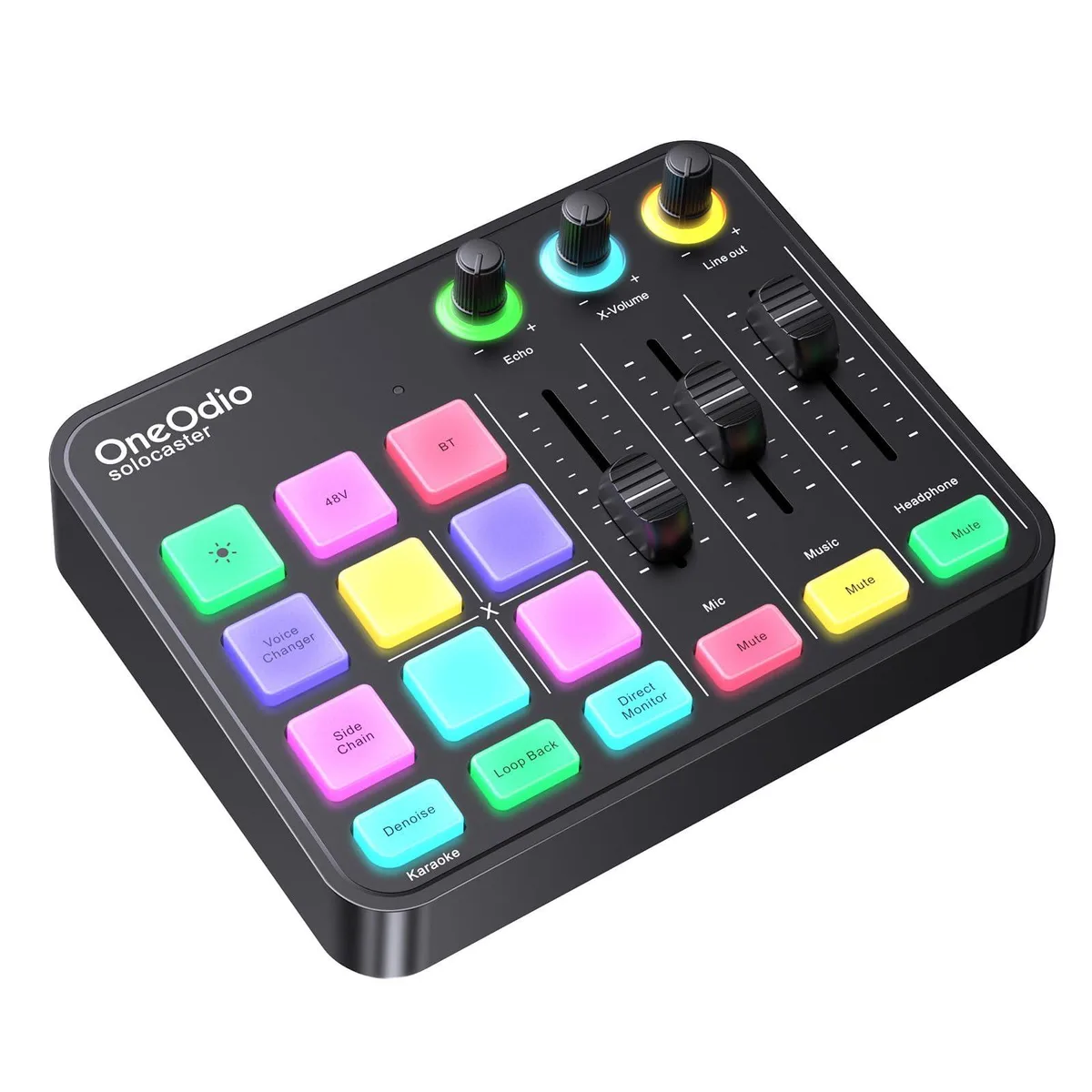  OneOdio Solocaster 5 Channel Audio Mixer 48V Phantom Power Bluetooth RGB 3.5mm XLR USB C — product photo