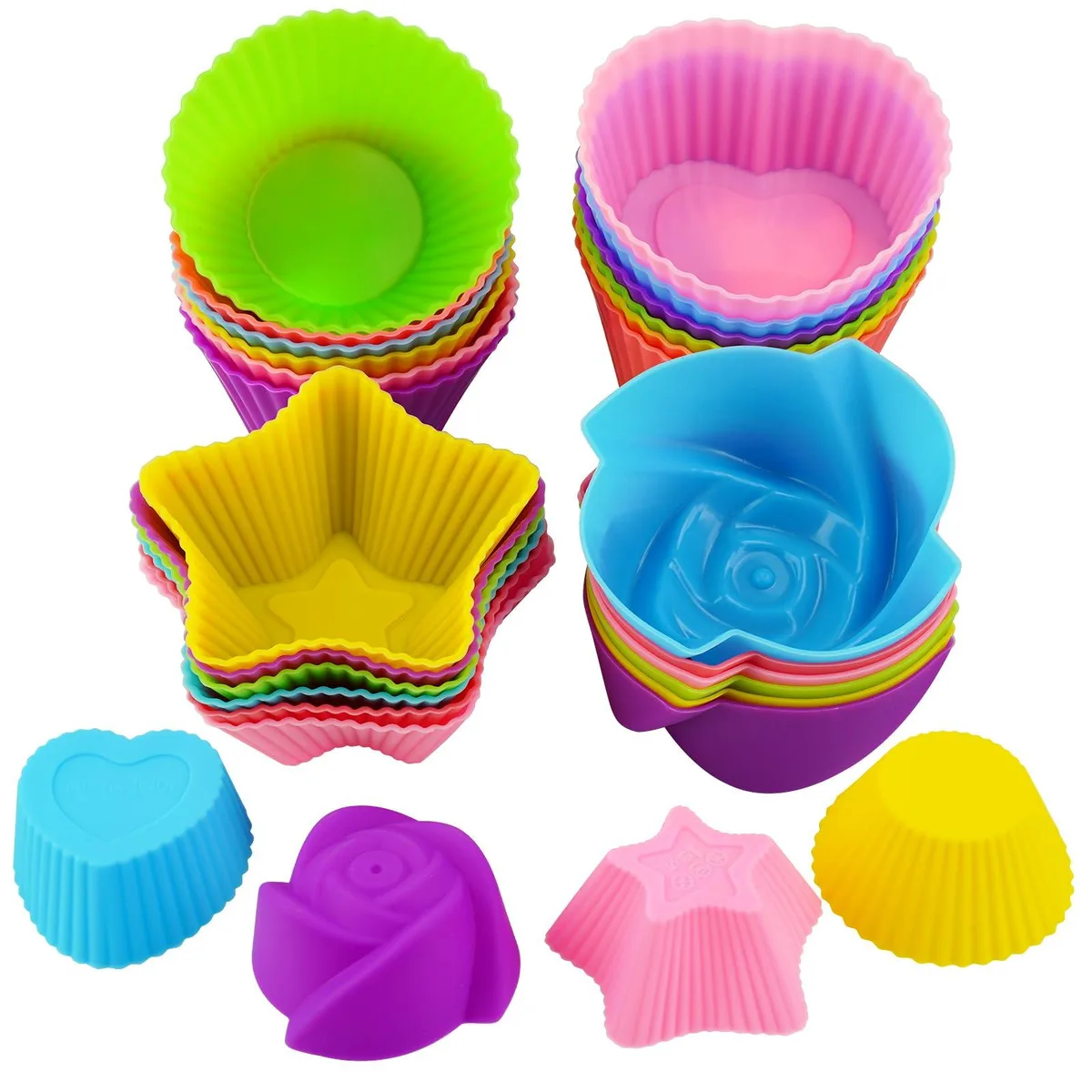 24 reusable silicone cupcake liners in round, star, heart and flower shapes, assorted bright colours