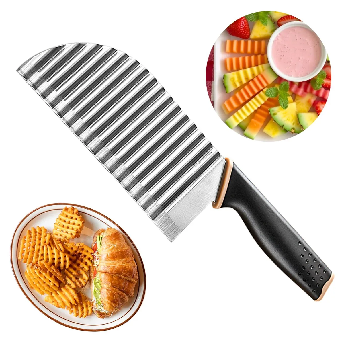 Blue plastic handle crinkle cutter with stainless steel wavy blade, 11.57 in long