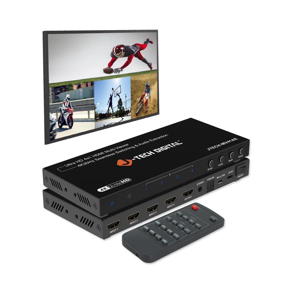 J-Tech Digital Inc. J-Tech Digital JTECH-MV41AE 4K 30Hz 4x1 HDMI Multiviewer Switch Audio — product photo