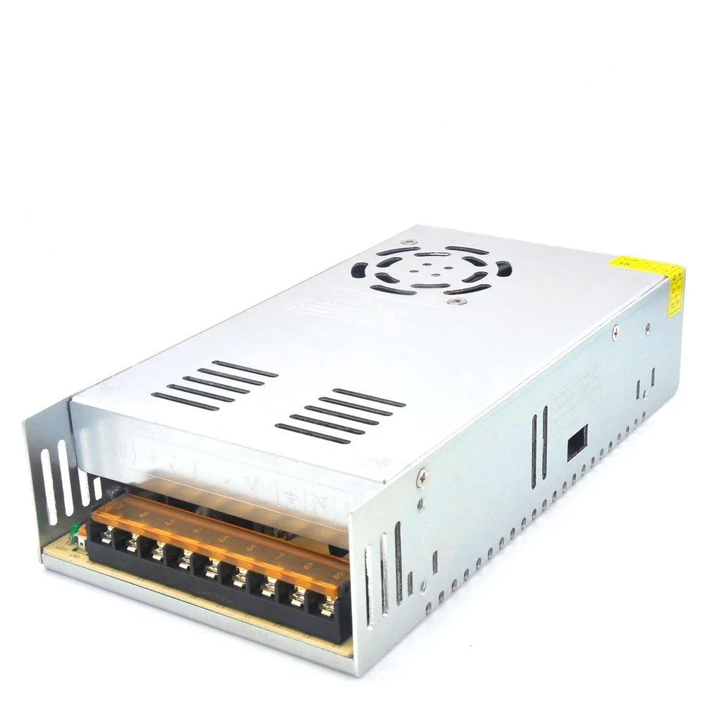 Rectangular metal power supply with built-in cooling fan and ventilation holes, screw terminals visible
