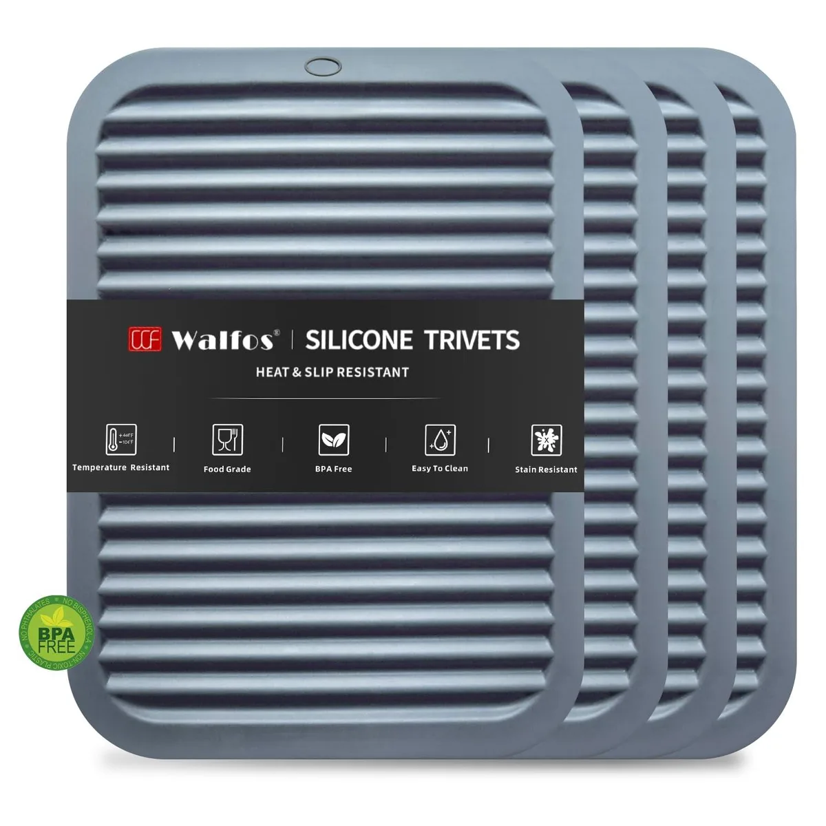 Walfos Silicone Trivets 12 x 9 in .22 in 446°F 4 Pcs Gray — product photo