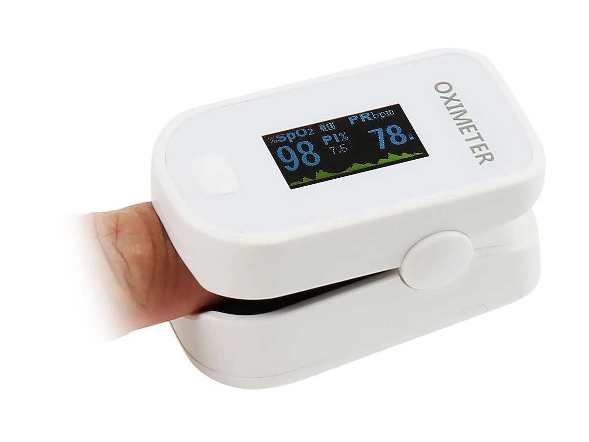 White fingertip pulse oximeter with LED display and lanyard