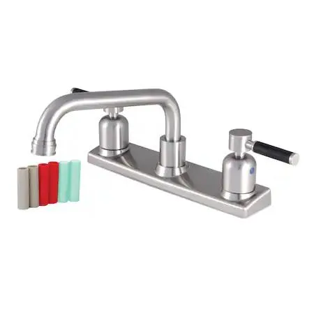 Brushed nickel centerset faucet with black rubber handles