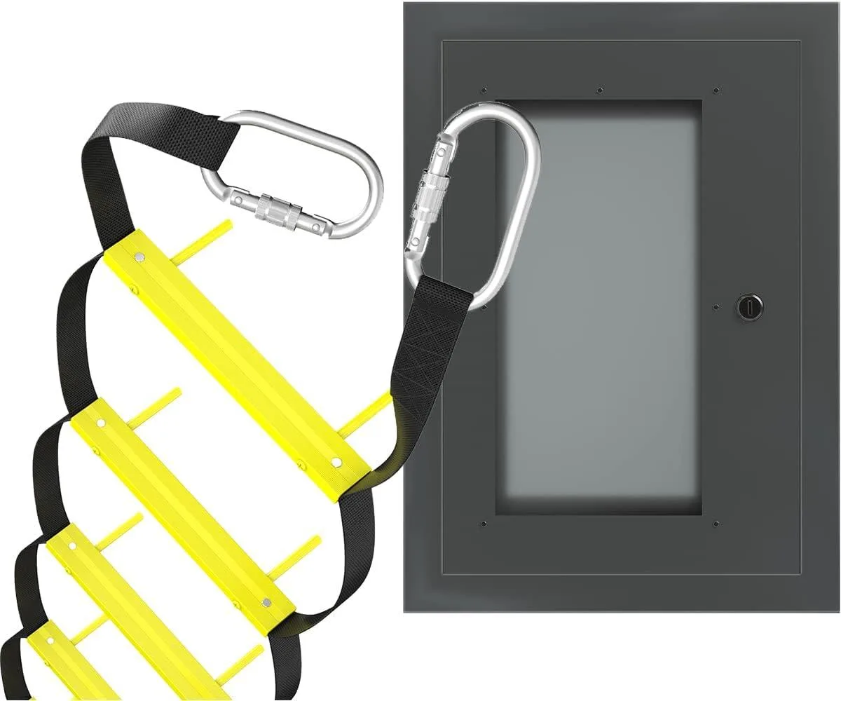 Wall-mounted fire escape ladder in aluminium box with snap hooks and anchors