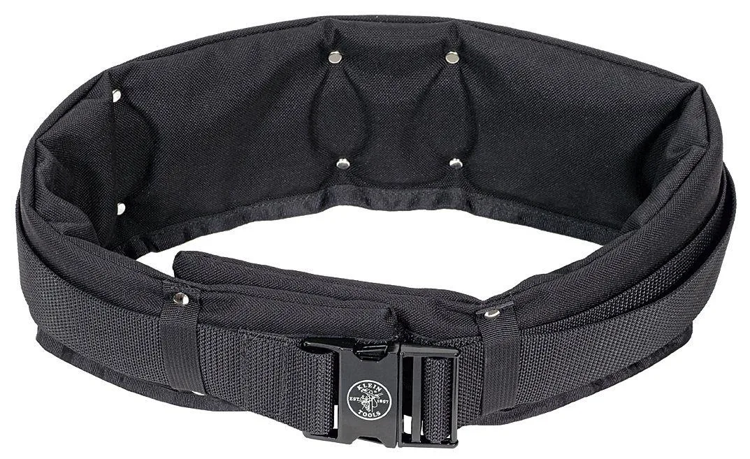 Black padded nylon tool belt with buckle closure, fits 36 to 40 inch waist