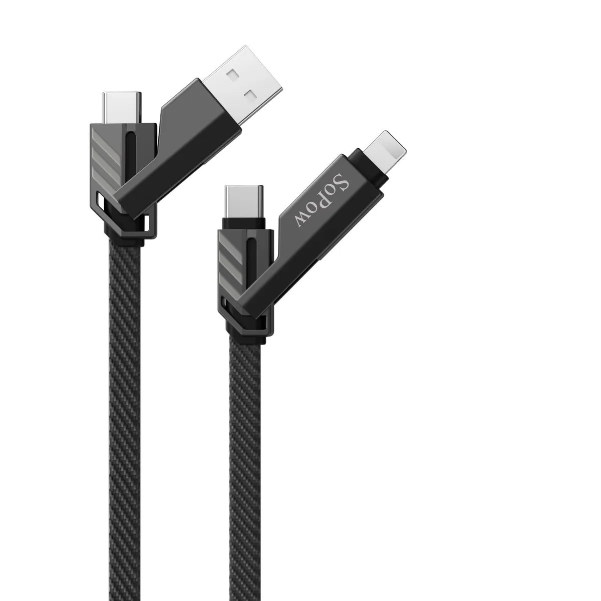 Short black braided USB-C cable with multiple adapter heads