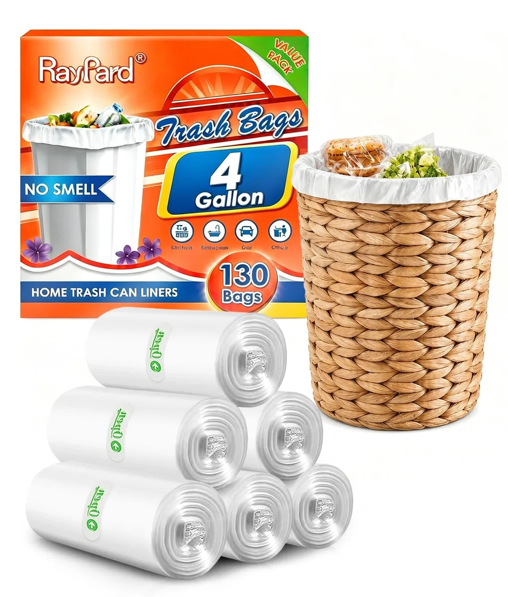 Clear plastic trash bags packed in a cardboard box