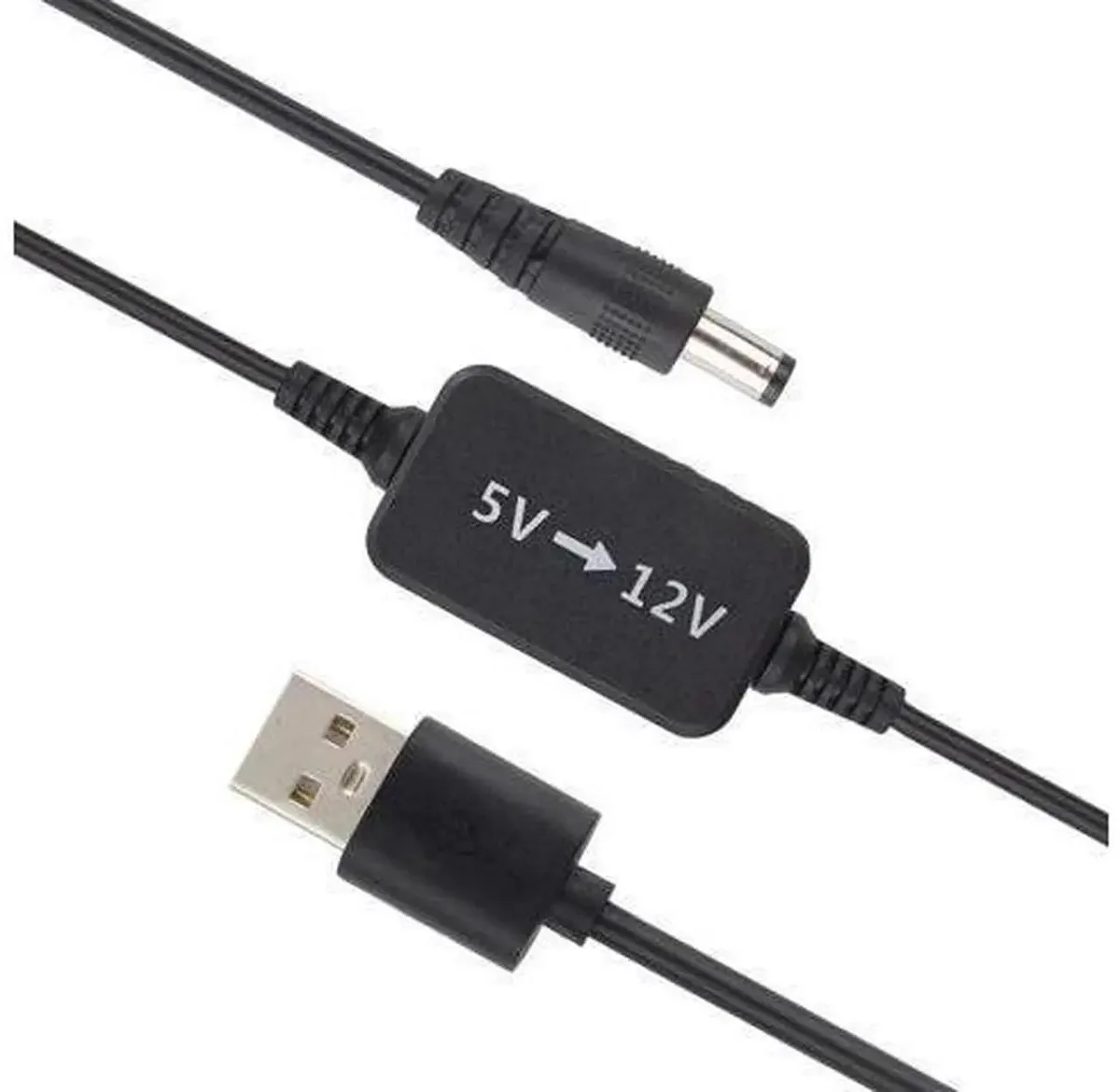 Black USB-A to barrel cable with inline boost module, 12 V output