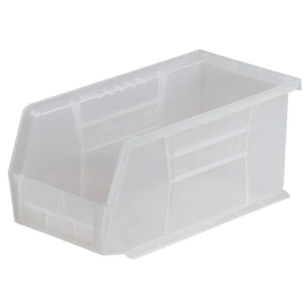 Clear plastic storage bin with open top and hanging lip