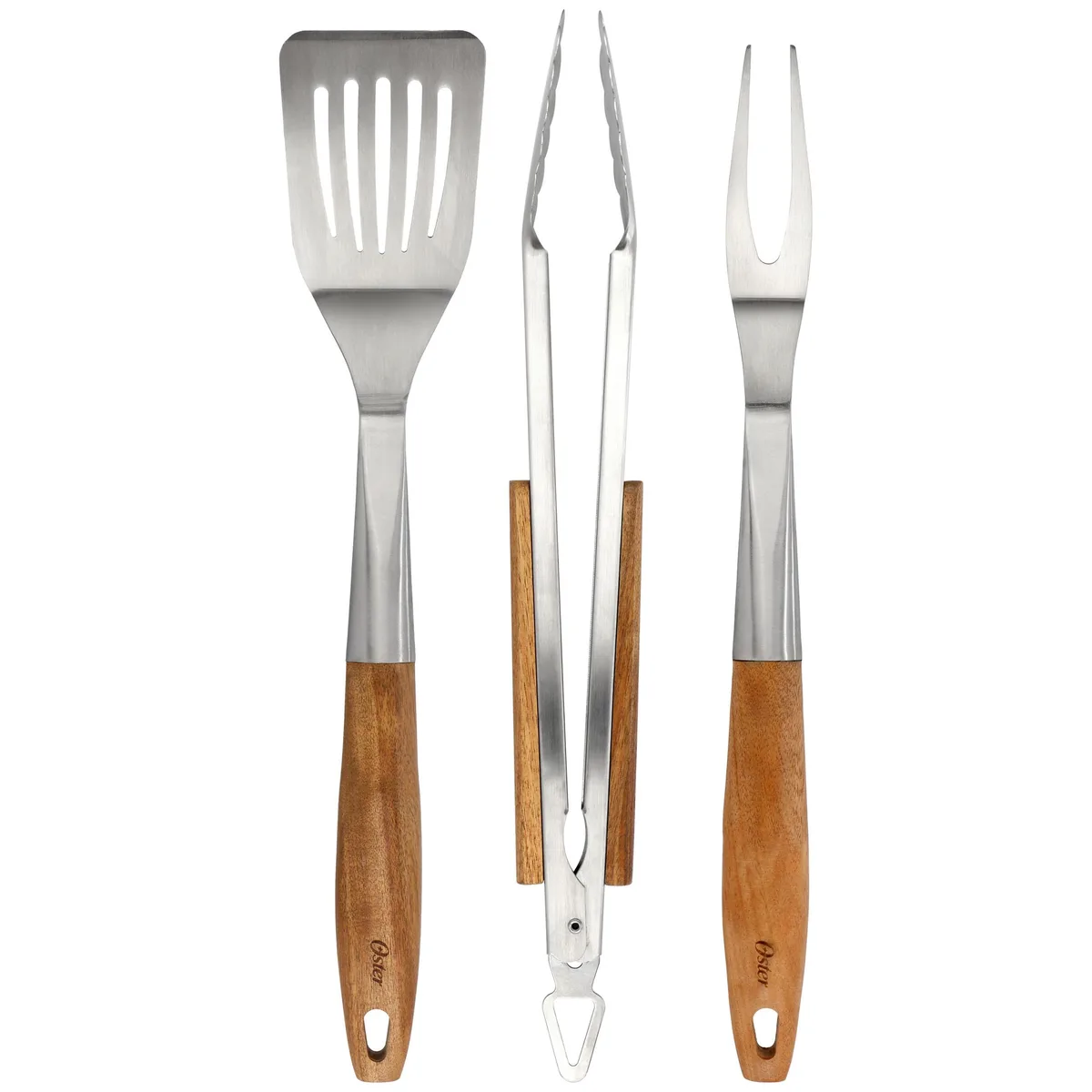 OSTER OSTER 510122872M 3-Piece Stainless Steel &amp; Acacia Wood BBQ Cooking Utensil Set Brown — product photo