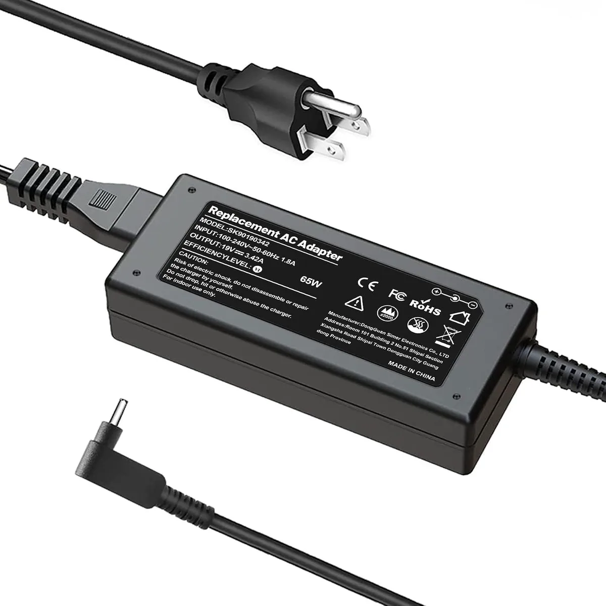 Compact black AC adapter with 3.0×1.1 mm barrel connector and detachable power cord