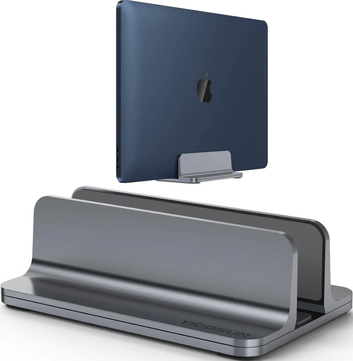 Gray anodized aluminum vertical laptop stand with single adjustable slot, 3.5 by 5.4 by 1.8 inches
