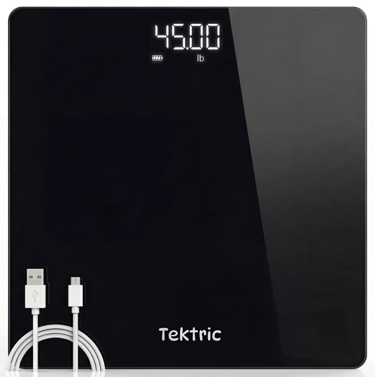 Black rectangular digital bathroom scale with tempered glass platform and LED display