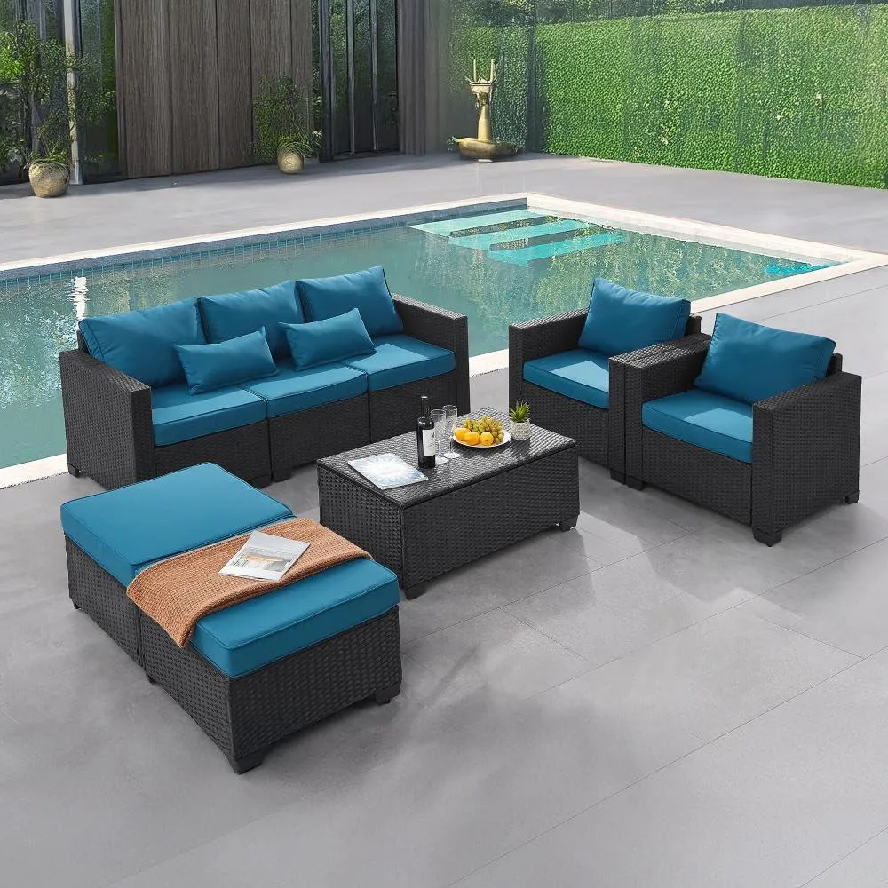 Peacock blue six-piece rattan patio set with storage table and cover