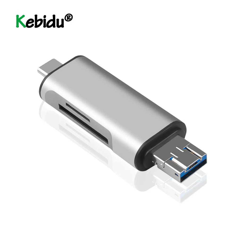 Compact aluminium-alloy card reader with USB-A, micro-USB and USB-C connectors