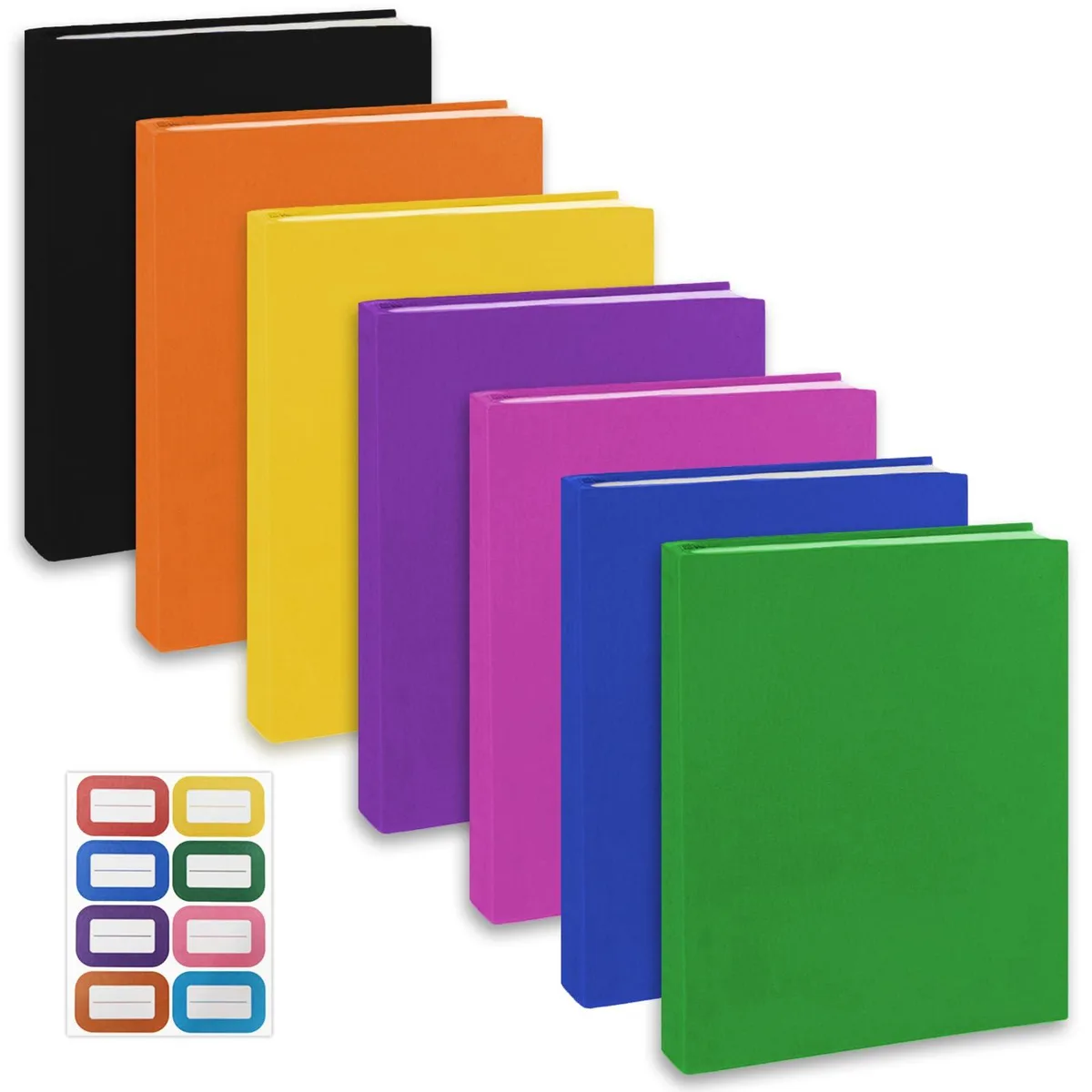 Seven stretchable nylon book covers in assorted colours with ribbon bookmarks and label stickers