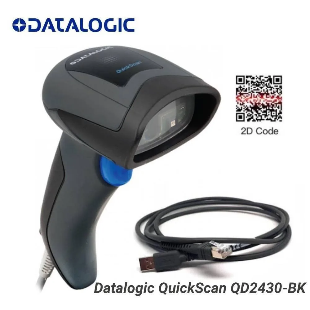 Black handheld 2D barcode scanner with USB cable, matte finish, compact ergonomic shape