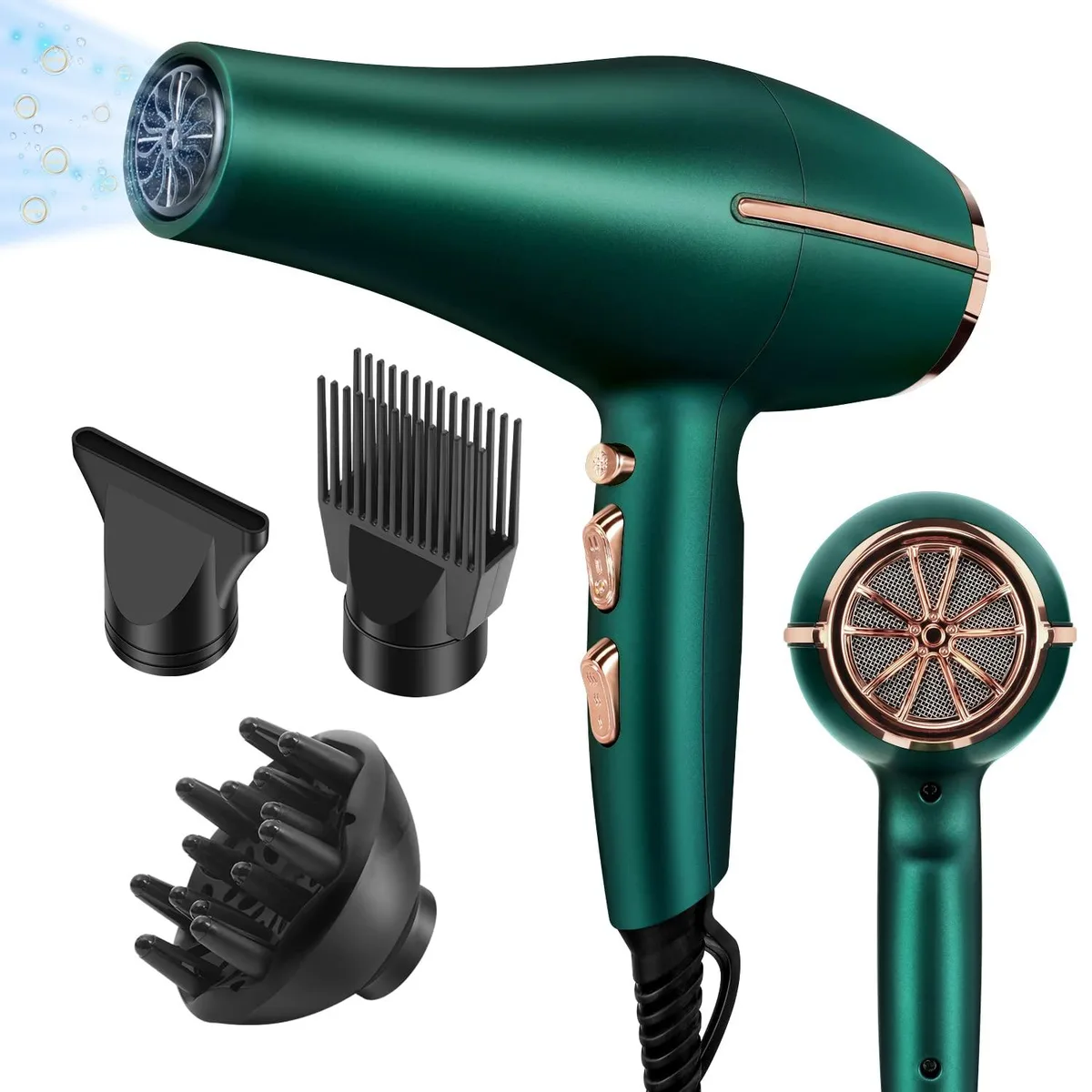 Green cylindrical hair dryer with concentrator and diffuser attachments, matte finish, hanging loop, ALCI plug