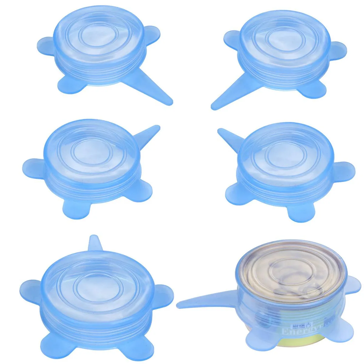 Six blue silicone can covers with pull tabs