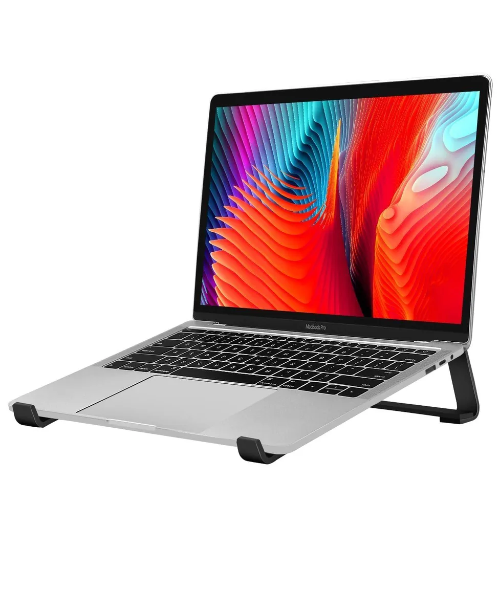Black aluminum laptop stand, 9 inch ventilated design, ergonomic tilt, rubber pads visible