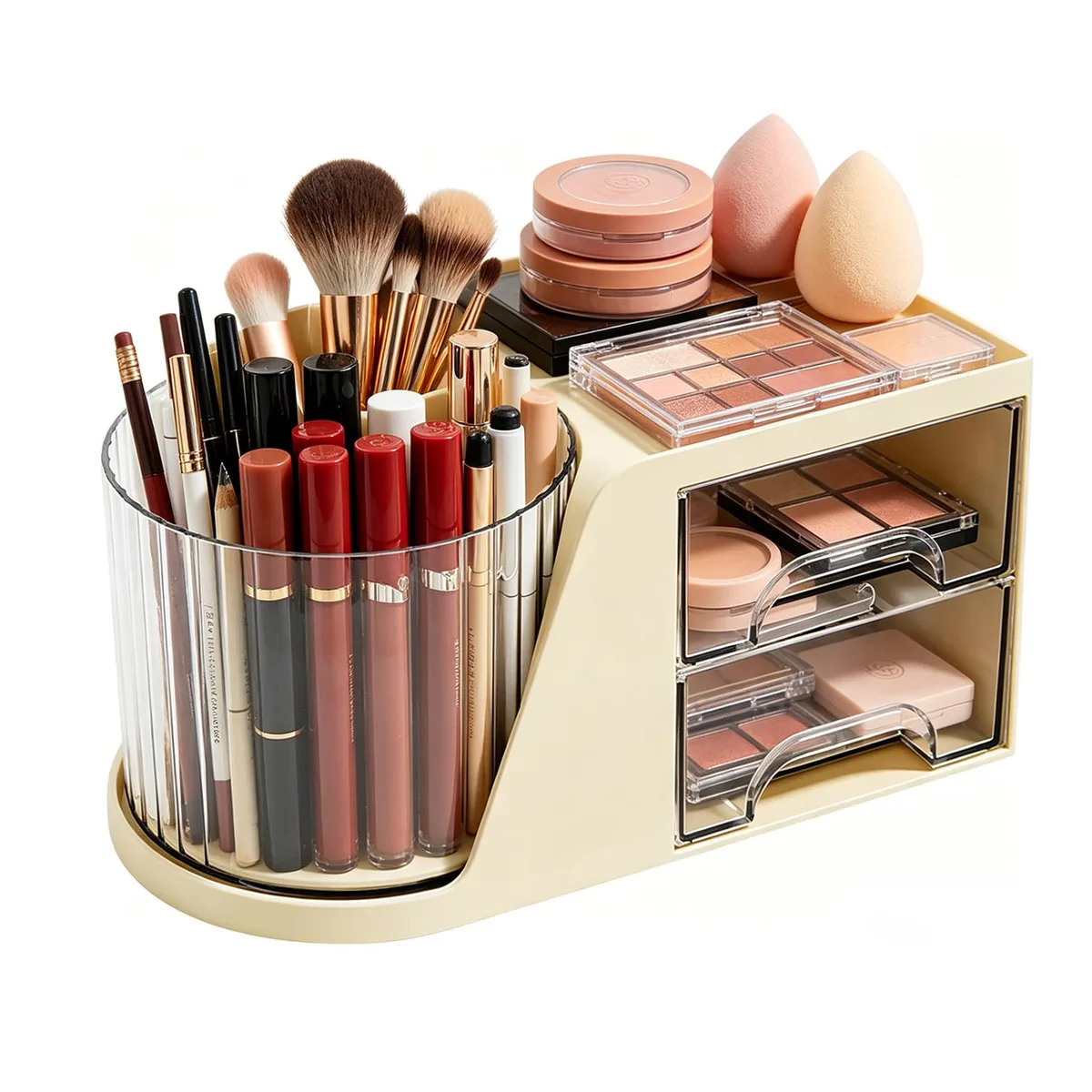 KDYNIX KDYNIX KD-6-2-CW 360° Rotating Organizer with 2 Drawers, Cream, 8.85"D x 4.72"W x 4.72"H — product photo