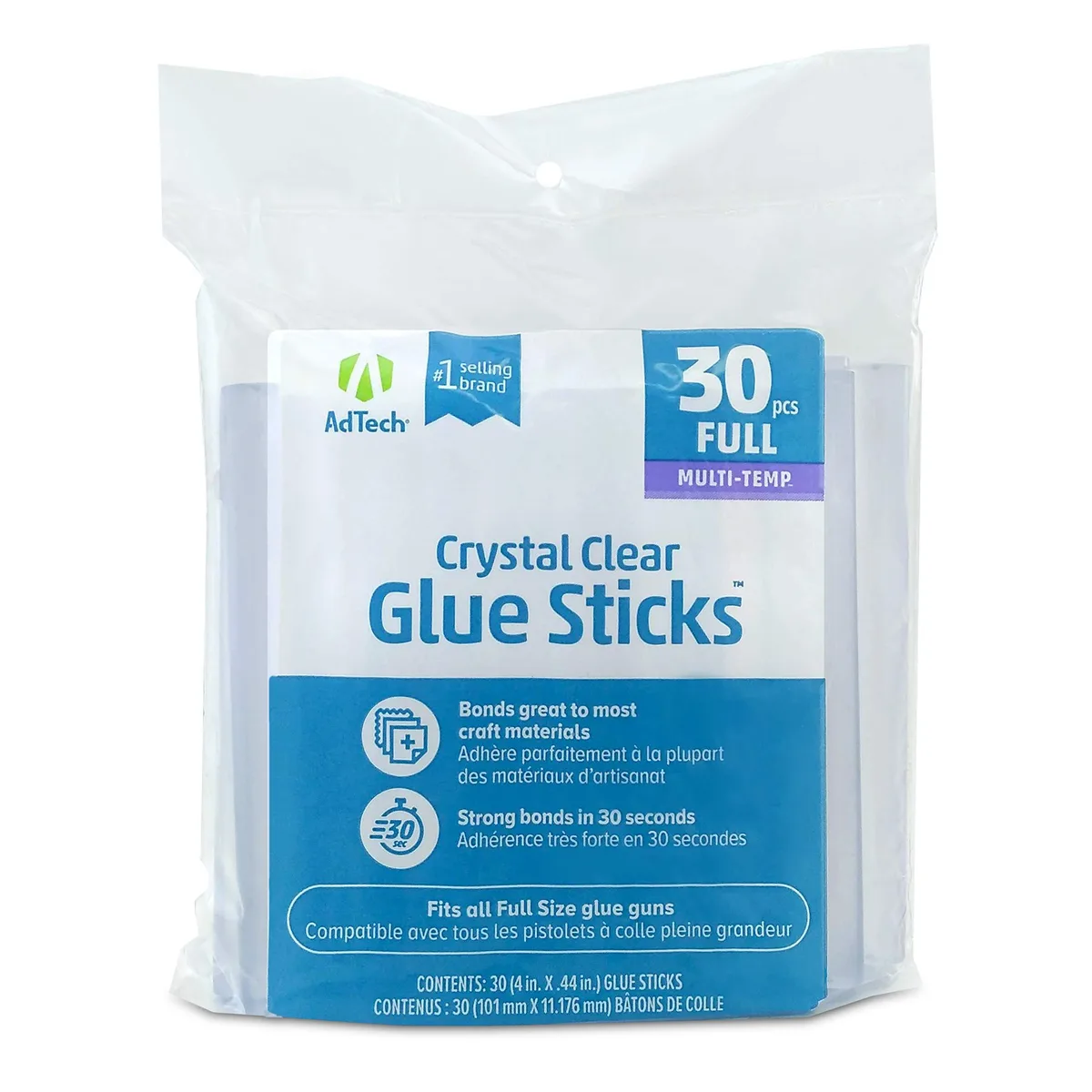 Clear cylindrical glue sticks in a rectangular pack of 30