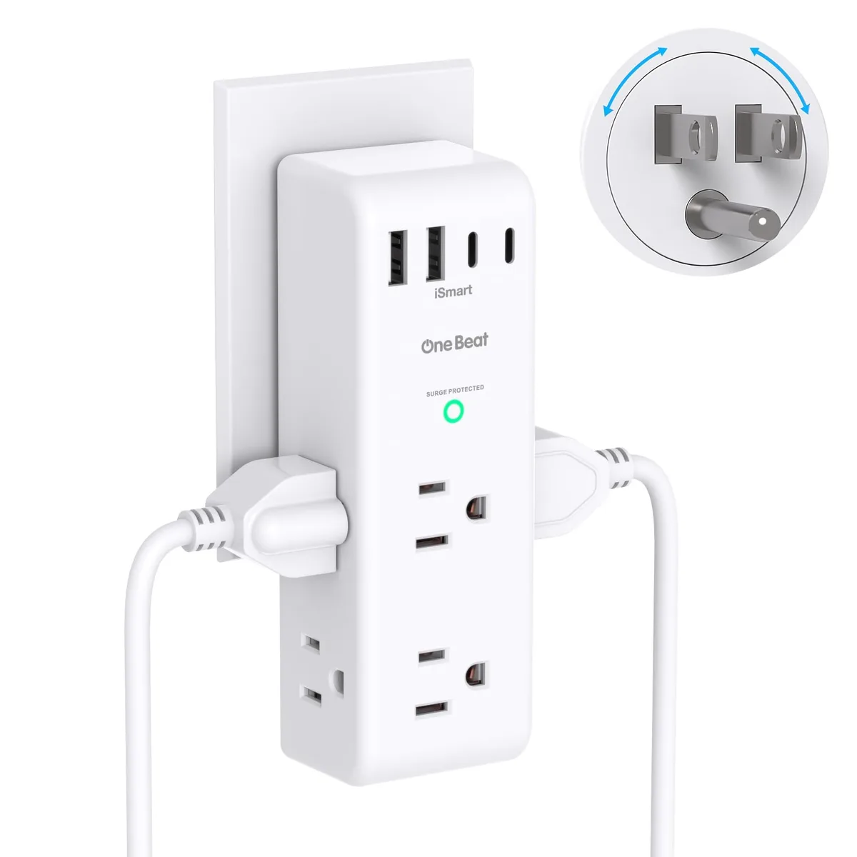  One Beat 10-in-1 Surge Protector Outlet Extender with Rotating Plug, 6 AC, 4 USB (2 USB-C), 1800J — product photo