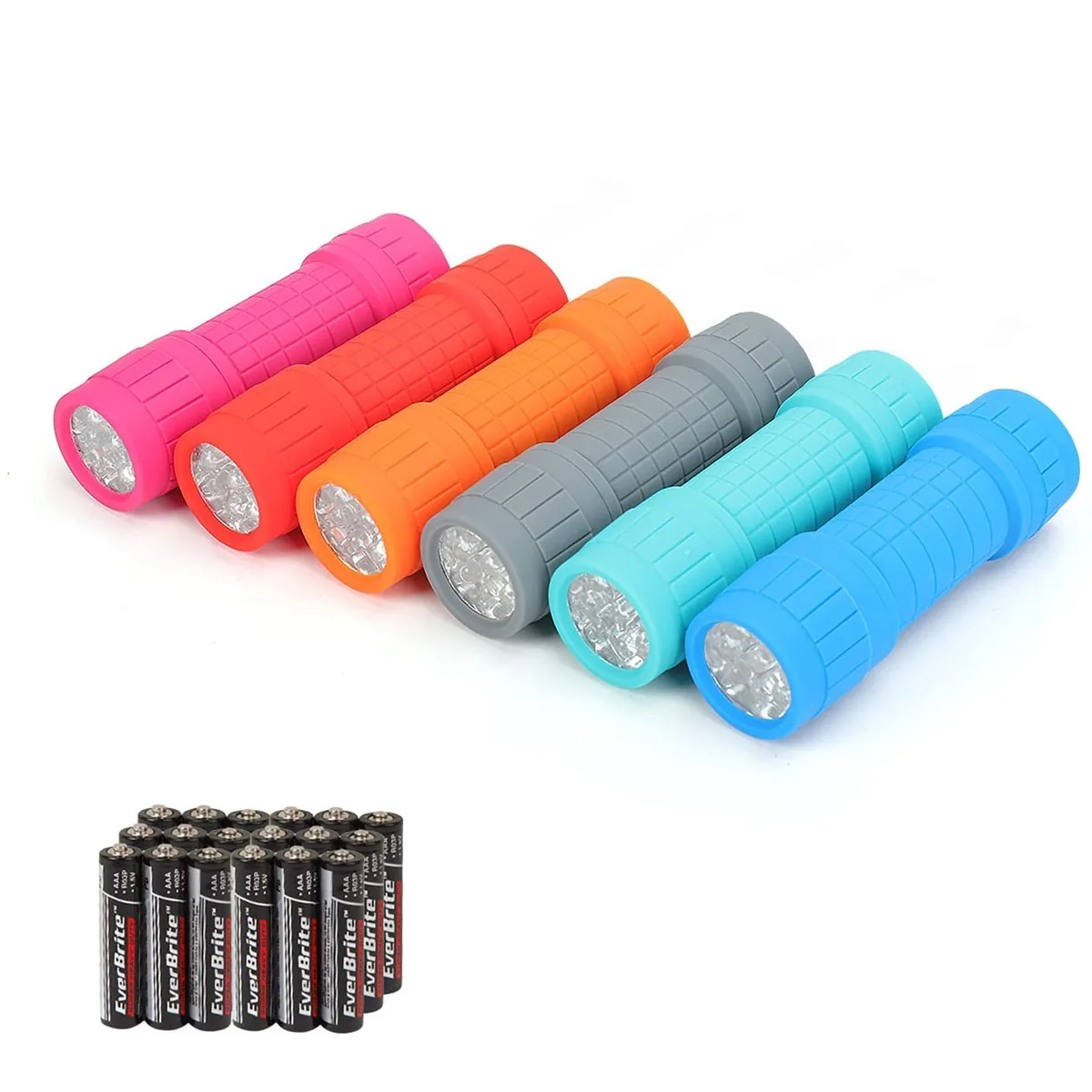 Six small rectangular plastic flashlights in pink red orange gray teal and blue with matte finish and lanyards