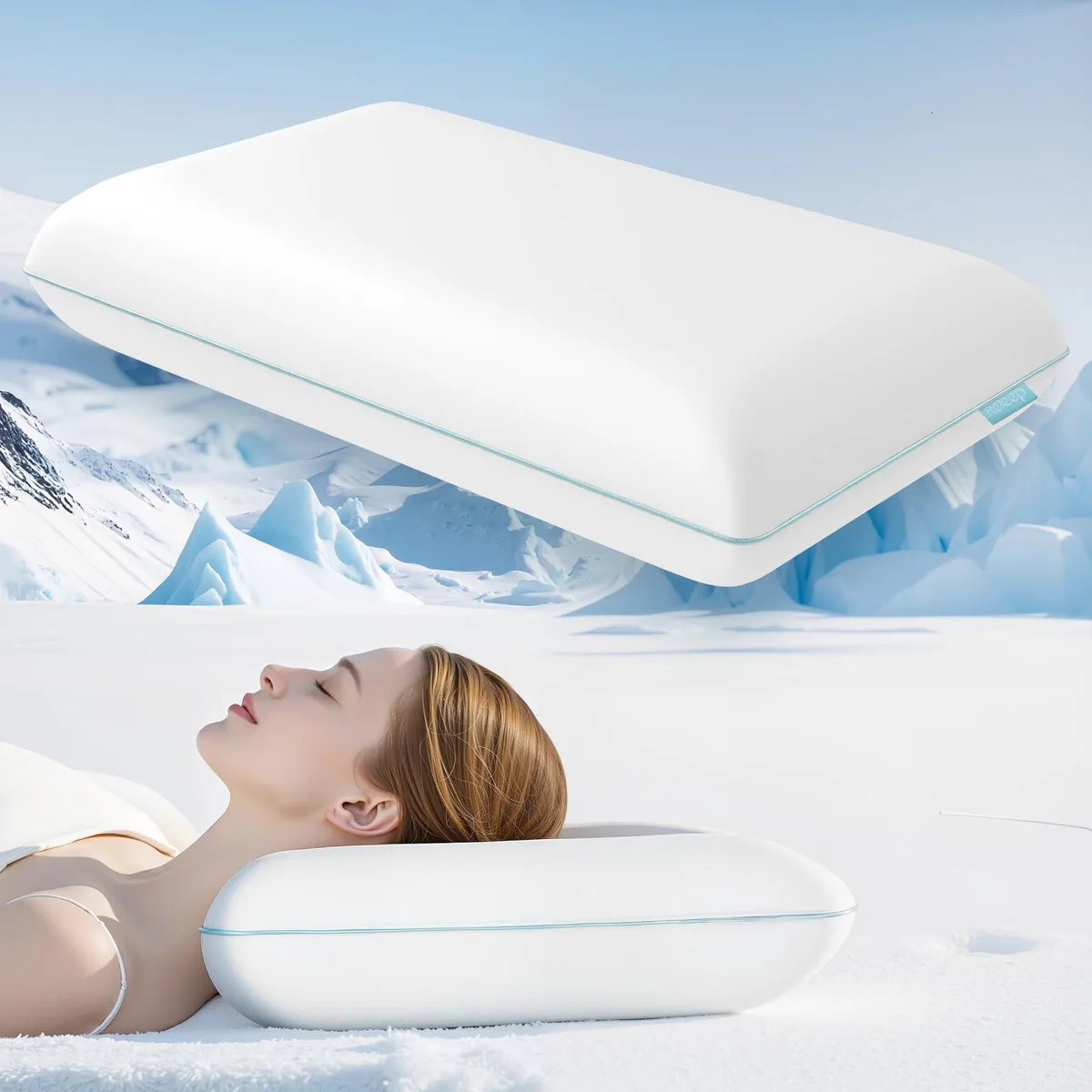 White rectangular memory foam pillow with cooling fabric cover