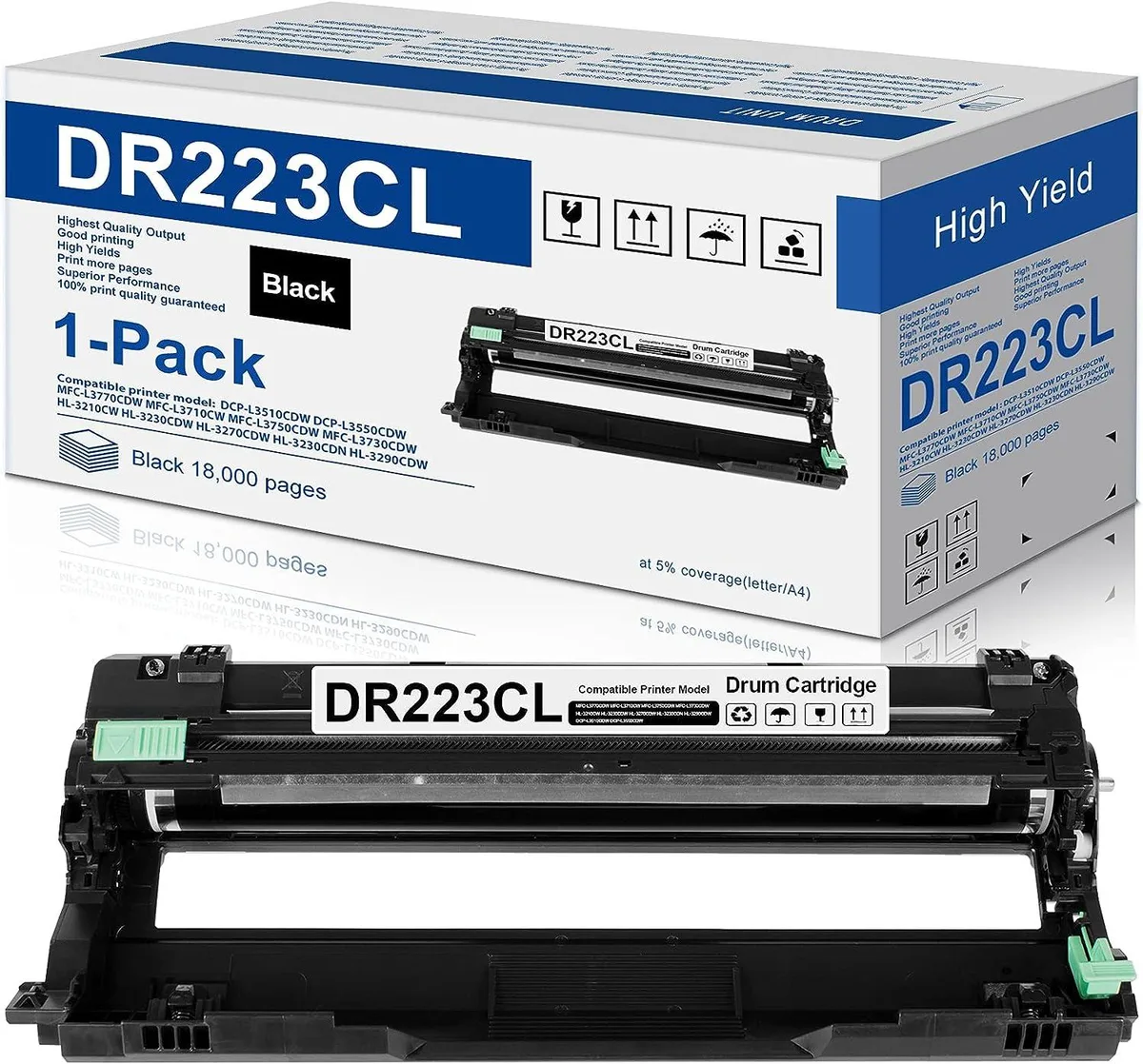 Black NuoTo DR223CL drum unit cartridge, rectangular matte plastic body with green photosensitive roller visible through side window