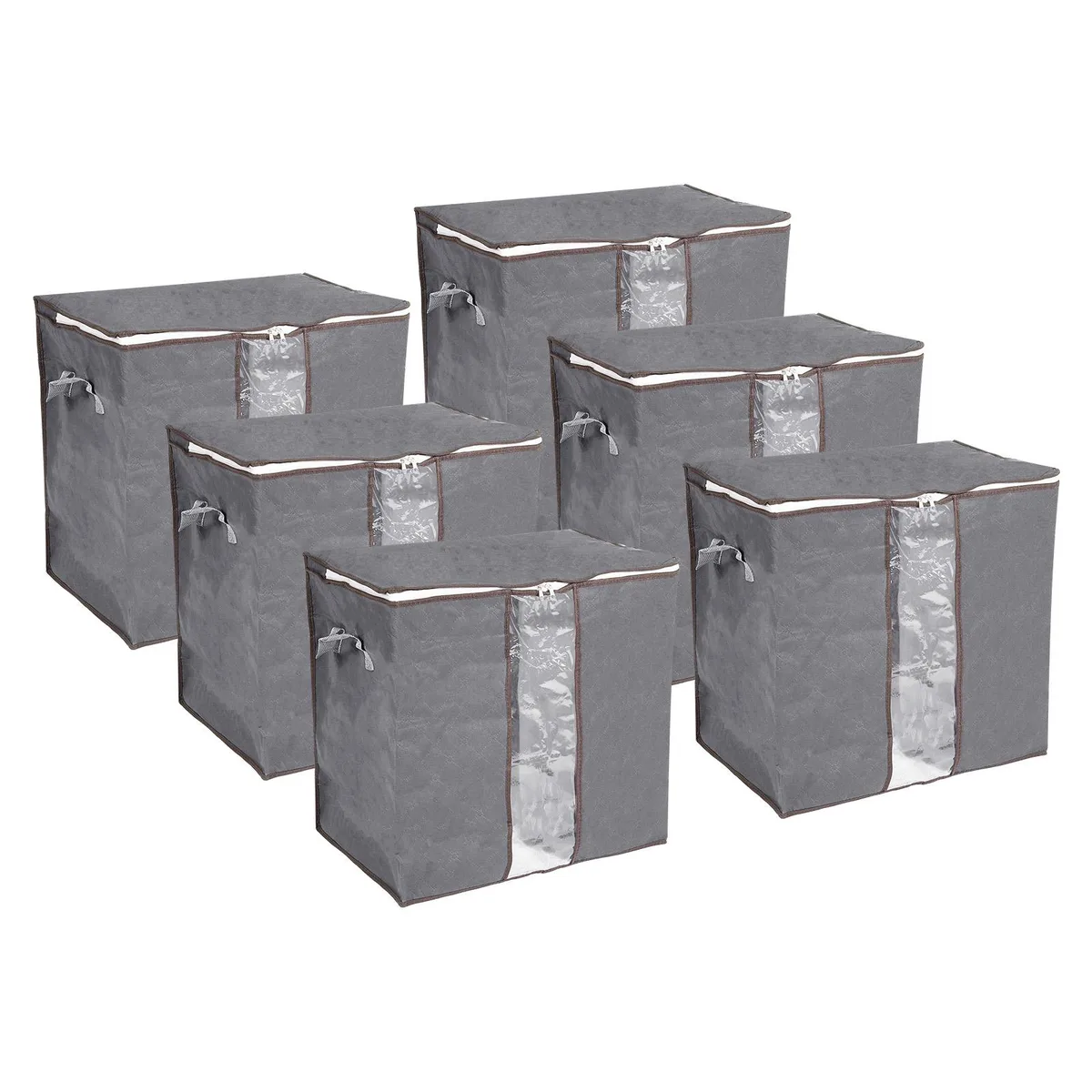 Six grey foldable fabric storage boxes with clear front windows and reinforced handles
