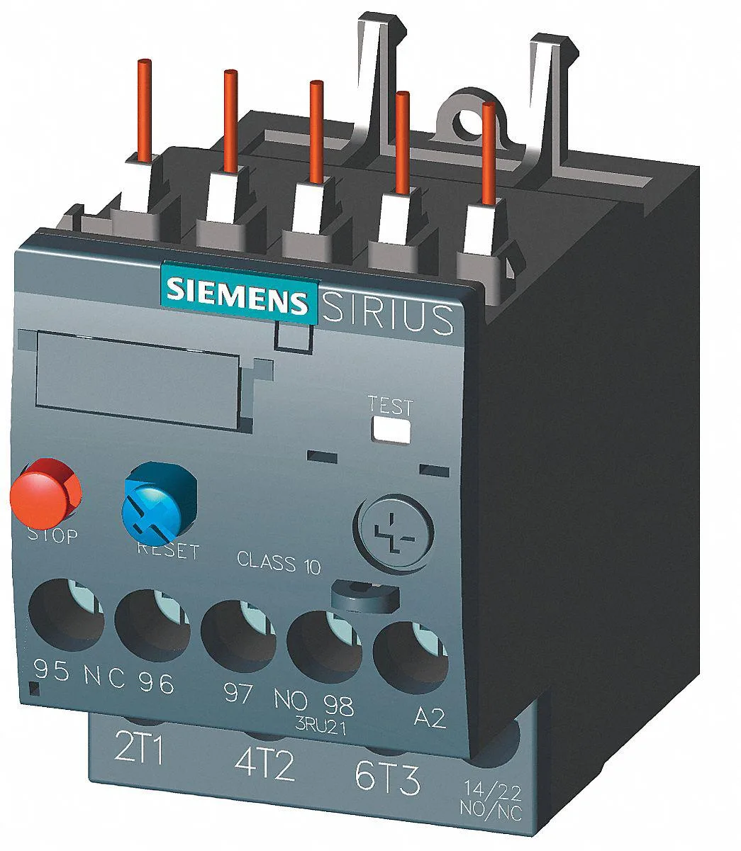 Siemens 3RU21161EB0 thermal overload relay, grey plastic housing, screw terminals, direct contactor mount