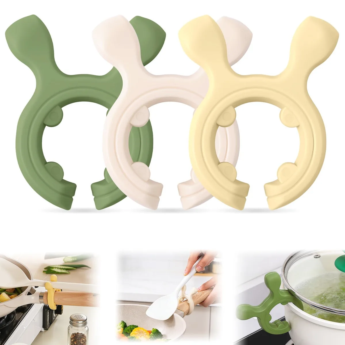 Three flexible silicone clips with slots for utensils and pot handles