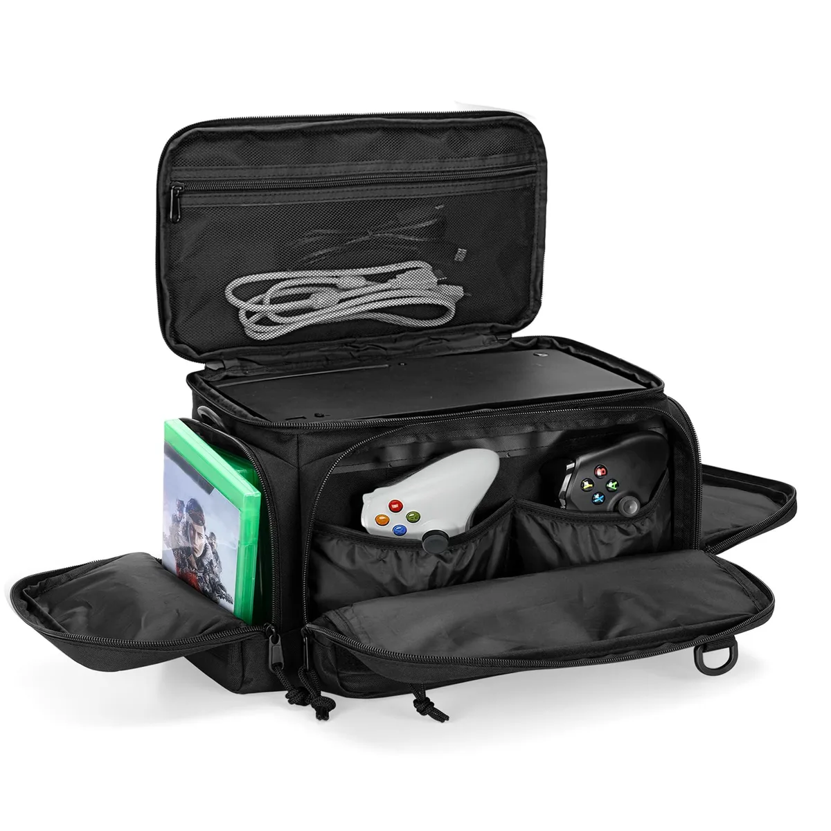 Black tactical nylon carrying case with MOLLE webbing, padded shoulder strap, top handle and multiple zip pockets for Xbox Series X/S