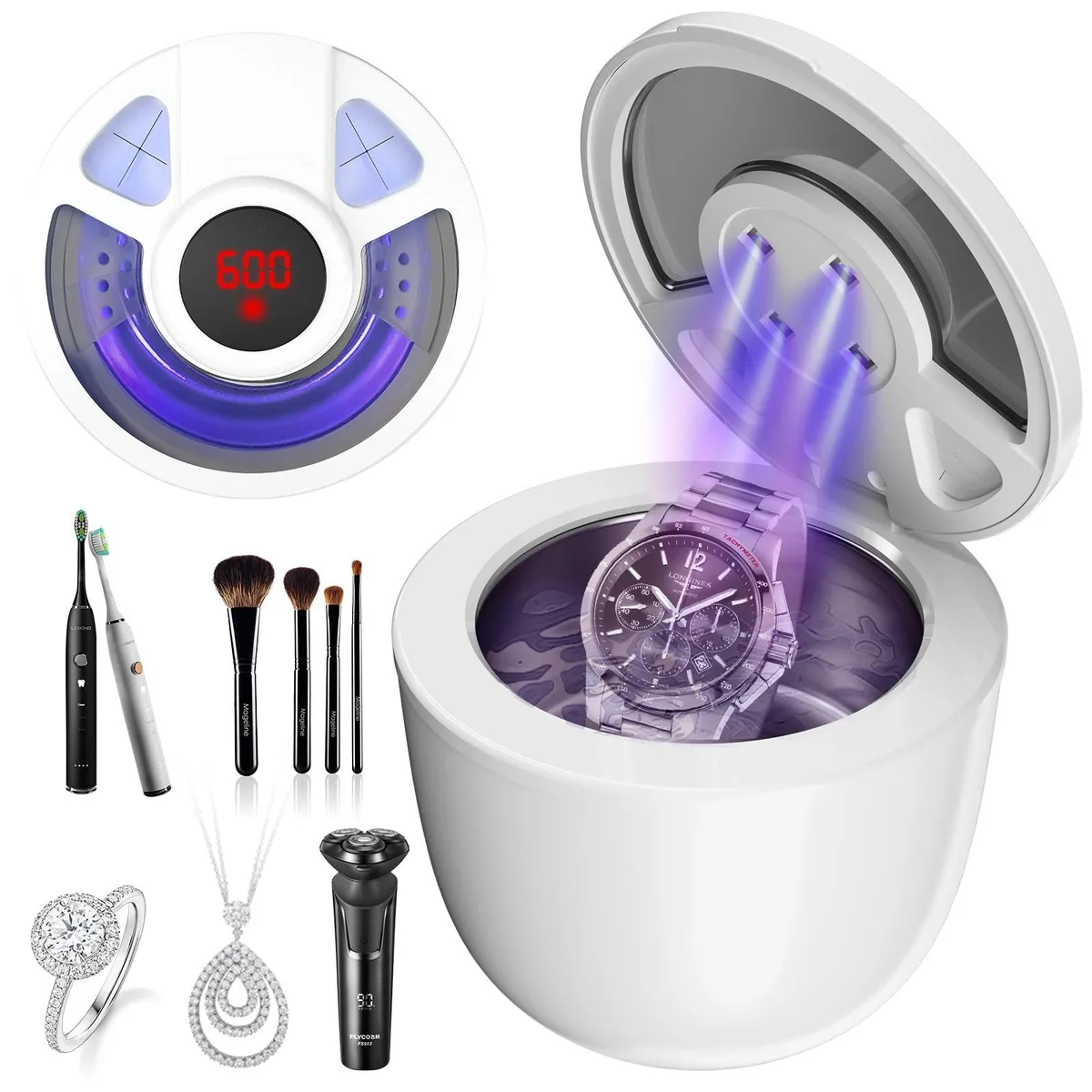Compact white ultrasonic cleaner with 200ml tank and lid